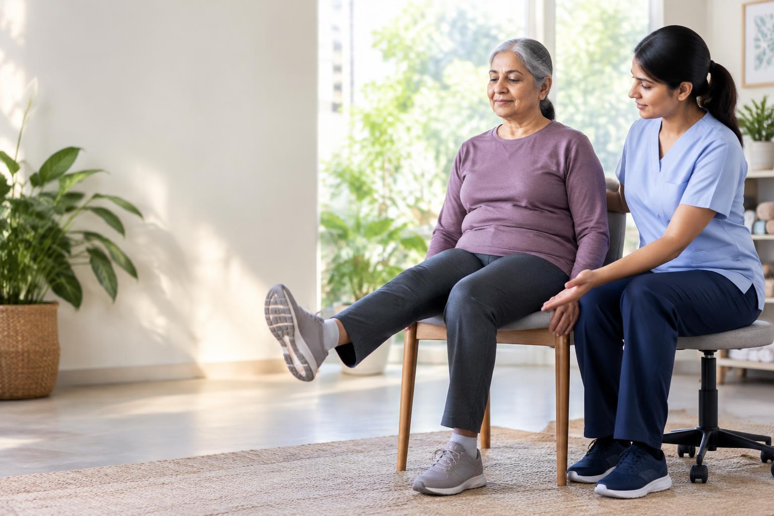 Illustrative photograph of an older woman practising supported seated movement