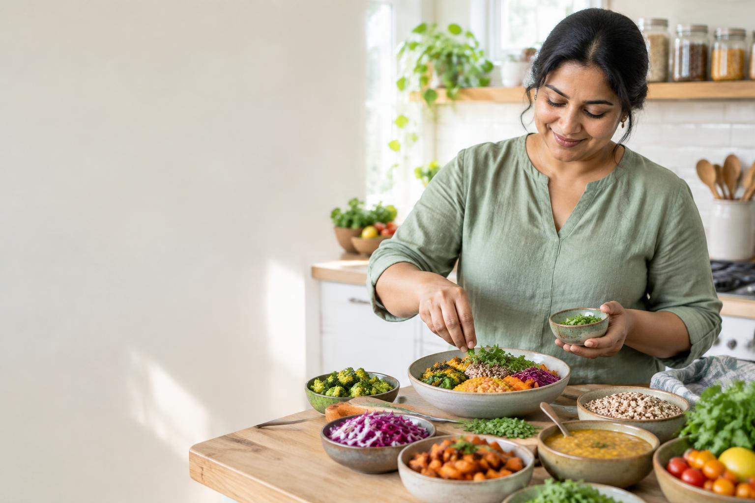 Illustrative photograph of a woman preparing a varied meal with vegetables and grains